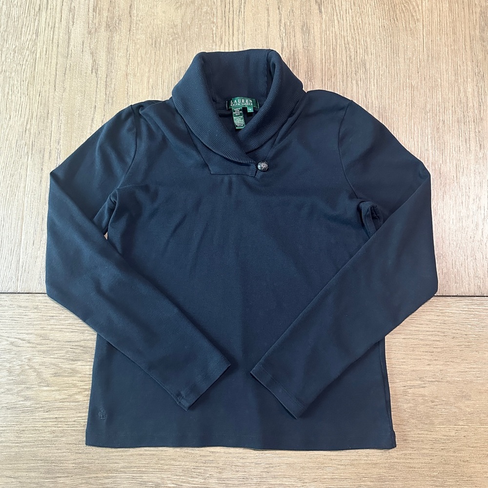 Lauren Ralph Lauren Shawl Collar Long Sleeve Top Size Medium Black - Picture 1 of 6